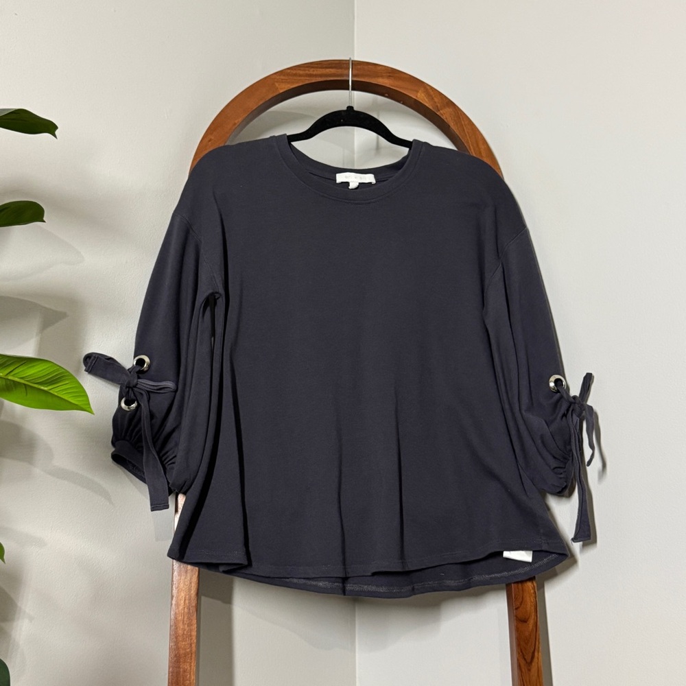 Anthropologie Eri + Ali MEDIUM Blue Gray Balloon Tie Sleeve Pullover Top